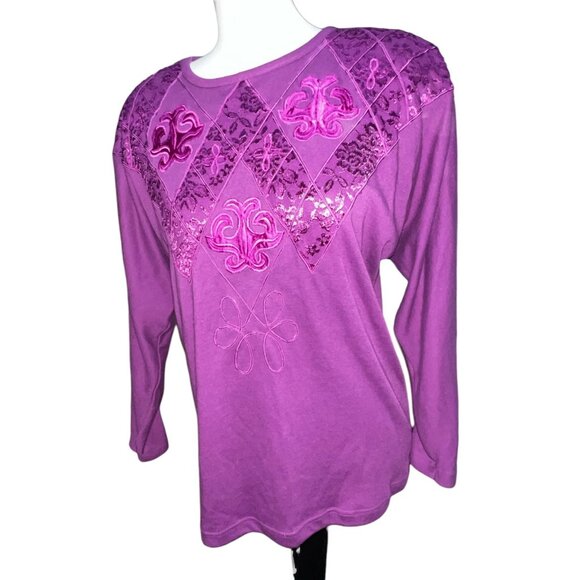 Vintage Cervelle Embroidered Patch Front Crew Neck Blouse Sz Small Womens Purple - Picture 7 of 10